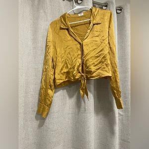 Aritzia Wilfred Yellow Satin Long Sleeve V neck Blouse $128 Size S